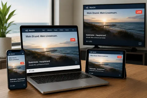 Ostsee-Livestream synchron auf Smartphone, Laptop, Tablet und Fernseher – Sonnenuntergang an der Seebrücke auf allen Geräten