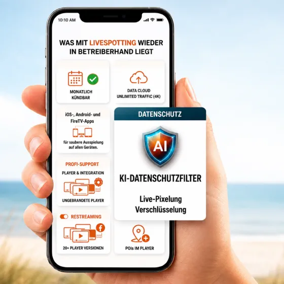 Smartphone mit livespotting Feature-Übersicht vor Ostsee-Hintergrund
